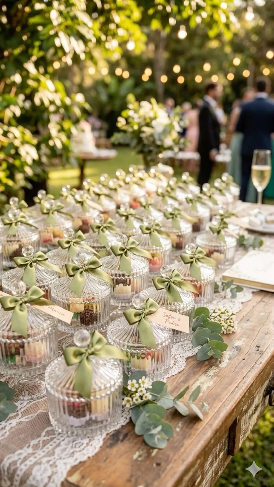 Mesa de casamento com potinhos de vidro e laços verdes como lembrancinhas