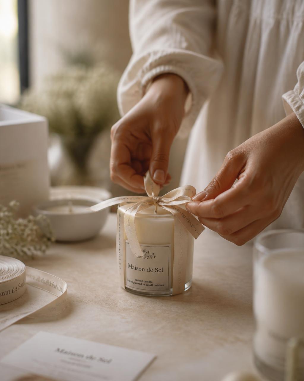 Mãos finalizando uma lembrancinha aromática com laço de cetim