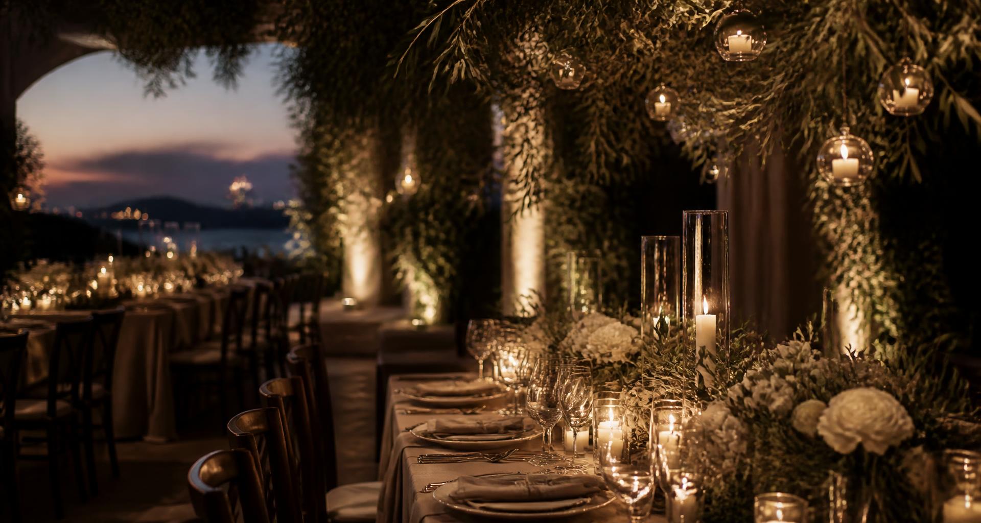 Mesa de evento iluminada por velas ao entardecer